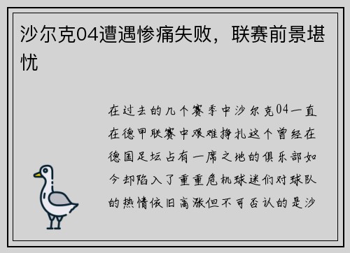 沙尔克04遭遇惨痛失败，联赛前景堪忧